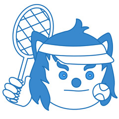 emoji with Male tennis player holding a tenis racket  in his hand and wearing a cap, wolf prepared to strike back, simplistic facial expression