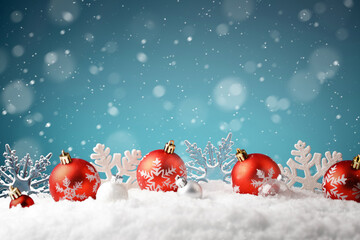 Row of Christmas balls and snowflakes laying on a snow