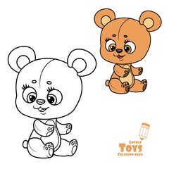 Cute cartoon toy teddy bear sit on white background outlined and color for coloring book