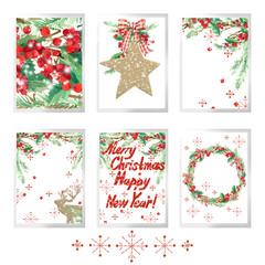 Fototapeta na wymiar Merry christmas cards set. Watercolor reindeer, holly branches, snowflake, forest tree. New Year posters. Winter design. 