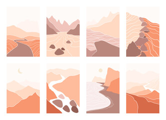 Fototapeta na wymiar Mountains Paper cut style posters collection. Scandinavian minimalistic style illustrations. 