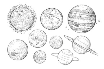 Solar System planets isolated vector.  Set of isolated stylized planets, sketch style. Sun, mars, earth.