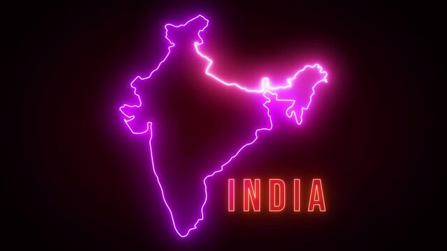 Red Purple Bright Light Mainland India Map And Lettering Neon Sign With Optical Lens Flare Animation, Last 5 Seconds Seamless Loop