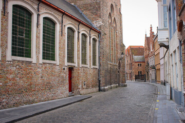 Empty Street In The City Of Bruges, Belgium