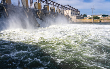 Hydroelectric power plant generates electricity. Construction on the river Dnestr.
