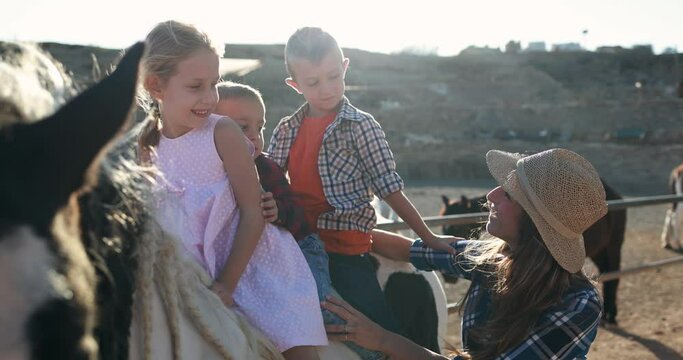 Happy family having fut at farm ranch with horse outdoor - Children riding horse - Slow Motion
