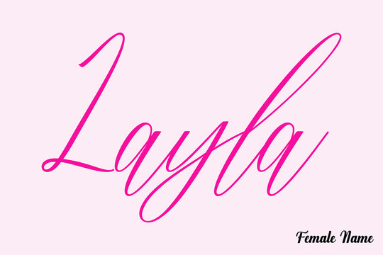 Layla-Female Name Calligraphy Cursive Dork Pink Color Text on Light Pink Background