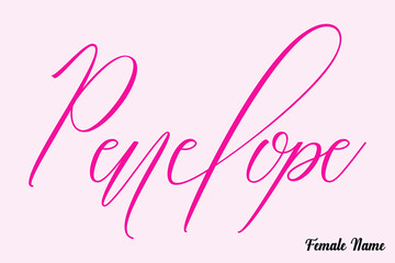 Penelope-Female Name Calligraphy Cursive Dork Pink Color Text on Light Pink Background
