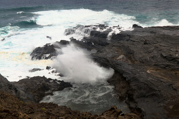 North coast of Gran Canaria, lava fields of Banaderos area, grey textured lava from eruption of...