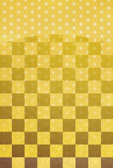 白色と金、市松と麻の葉の柄、日本の伝統模様背景　ハガキ比率