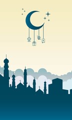 Islamic greeting card vector illustration template with colorful background. including mosques, minarets, clouds, stars, moon and others. good for cards, banners, flyers, web, social media, and more.