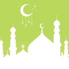 Fototapeta premium Islamic greeting card vector illustration template with colorful background. including mosques, minarets, clouds, stars, moon and others. good for cards, banners, flyers, web, social media, and more.