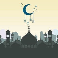 Islamic greeting card vector illustration template with colorful background. including mosques, minarets, clouds, stars, moon and others. good for cards, banners, flyers, web, social media, and more.