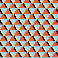 Orange triangles pattern isolated on sky color background. Geometric fabric design.