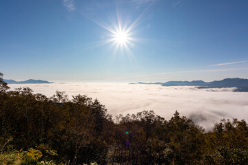 北海道・大雪山系の赤岳にある、銀泉台の登山口で見た、山々の間に雲海が広がる神秘的な風景と太陽が浮かぶ青空