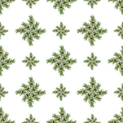 Seamless pattern, decoration, background of natural green branches of pine collected in various geometric shapes.