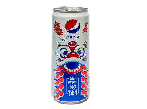 Duong Dong, Phu Quoc island, Vietnam - March 22, 2019: asian dragon on aluminium can Pepsi cola 1990s (redesign) isolated on light background. produced by PepsiCo Inc.