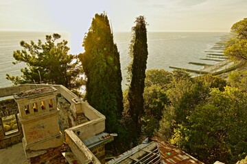 ruins, abandoned, old, building, architecture, style, classicism, stone, wreckage, fortress, castle, roof, tiles, walls, arches, windows, ancient, historical, culture, heritage, unique, sea, cypresses