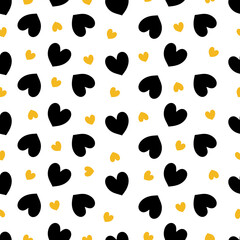 Seamless pattern with black and gold hearts on a white background. Vector illustration.