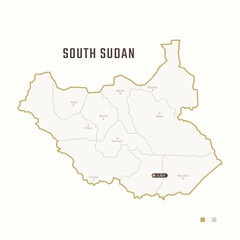 Map of South Sudan with border, cities and capital Juba. Each city has separately for your design. Vector Illustration