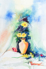 Beautiful watercolor painting of flower vase with yellow flowers, green leaves and white background. Indian watercolor art, painted with brush and paint.