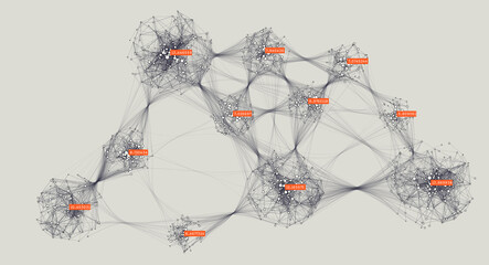 Distributed computing. Big data visual representation. Cluster analysis visualization. Global communication network. Advanced analytics. Social media graph.