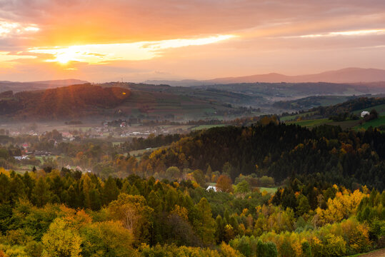 Beautiful Autumnal Sunrise Over Polish Countryside in Lesser Poland at Fall Season