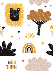 Funny Hand Drawn Safari Party Seamless Vector Pattern with Cute Leo, Cloud, Stars and Rainbow Isolated on a White Background. Simple Infantile Style Nursery Art ideal for Fabric, Textile.