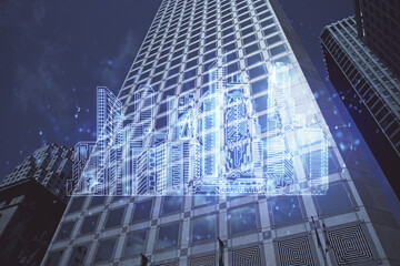 Plakat Double exposure of buildings hologram over cityscape background. Concept of smart city.