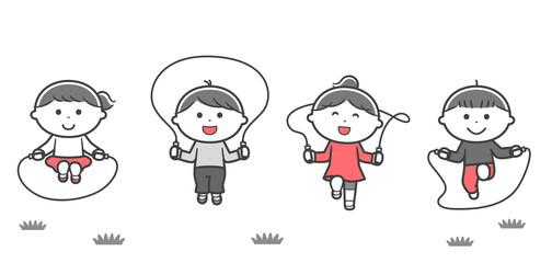 一緒になわとびをする子どもたち / 2色