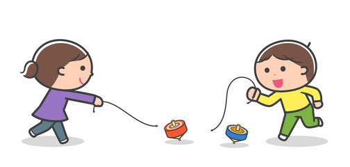 コマ回しをして遊ぶ子どもたち / 線あり