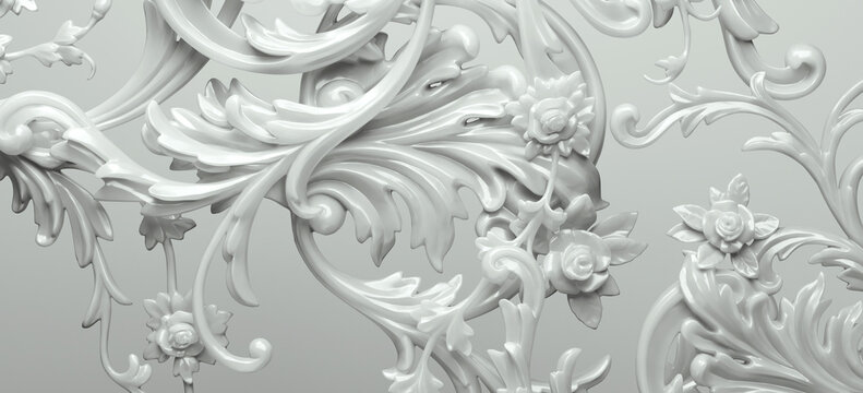 Abstract fashion background for classic luxury concept. White mural ornament molding. 3d rendering illustration. Clipping path of each element included. © 3DJustincase