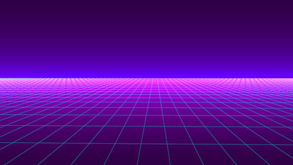 Futuristic background in retro style. Digital grid landscape of the 80s. Vector background for party.