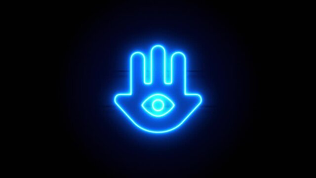 Hamsa neon sign appear in center and disappear after some time. Animated blue neon symbol on black background. Looped animation.