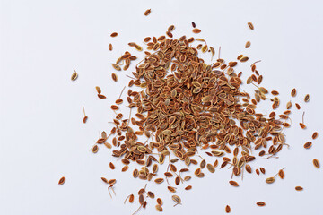 Dry dill seeds on a white background close-up