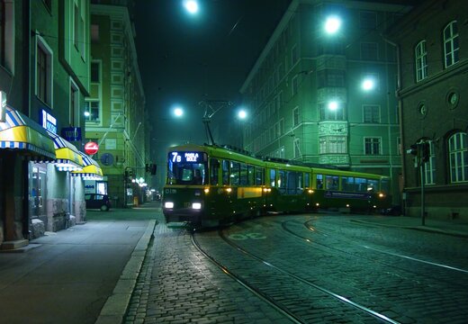 Helsinki city tram in the foggy streets of Helsinki, Finland in September.