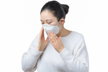 a sick girl wear mask,white background