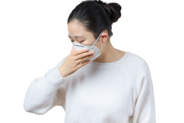 a sick girl wear mask,white background