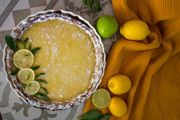 Sweet pie with lemons.  Close up photo of homemade dessert tart. Healthy eating concept. 
