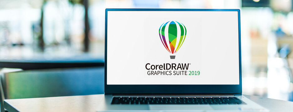 Laptop computer displaying logo of  CorelDraw Graphics Suite