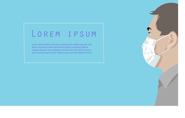 Vector illustration of sick adult man wearing medical mask on blue background. He's looking at the copy space. It could be a warning sign, important healthcare information or your logo.
