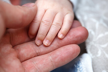Obraz na płótnie Canvas small fingers, hands of a newborn baby in a man's hand close-up . small depth of focus area