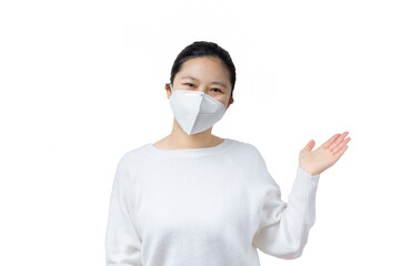 a sick girl wear mask,white background