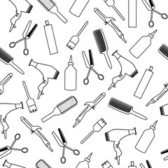 Black and white hairdresser tools seamless pattern with curling iron, hair blow, comb, bruh and hair spray. Outline illustration.