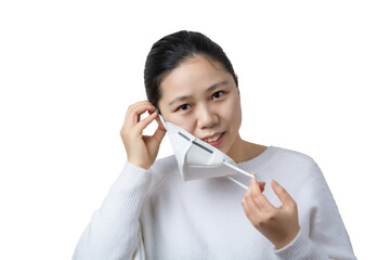 a sick girl wear mask,white background