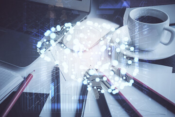 Double exposure of desktop computer and human brain drawing hologram. Ai concept.
