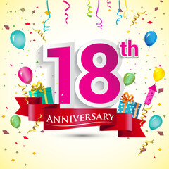 18th Years Anniversary Celebration Design, with gift box and balloons, ribbon, Colorful Vector template elements for your birthday celebrating party.