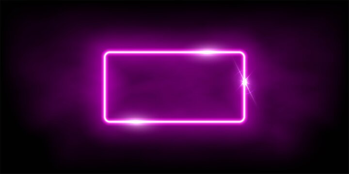 Glowing neon pink rectangle with sparkles in fog abstract background. Electric light frame. Geometric fashion design vector illustration. Empty minimal art decoration