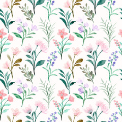 Soft pink purple wild floral watercolor seamless pattern