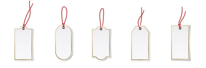 Price or label tags mockup template set. Blank cards with red strings for gifts or sales with different shapes: ellipse, rectangle. Empty stickers with red frames vector illustration - obrazy, fototapety, plakaty